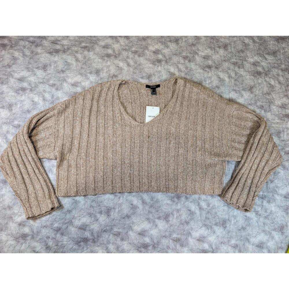 Brand New Forever 21 Womens L Ribbed Crop Sweater Taupe V Neck Long Sleeve NWT